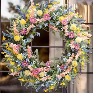 Spring Summer Wreath, Vibrant Daisies and Lavender, Durable Artificial Hanging Flower Ring, Natural Farmhouse Front Door Decor, Indoor Outdoor Home Decoration