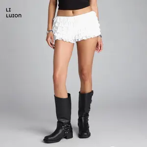 Women Lolita Lace Ruffled Layered Shorts Y2k Fairy Tiered Bloomers Pumpkin Party Festival Shorts(Raincoats)