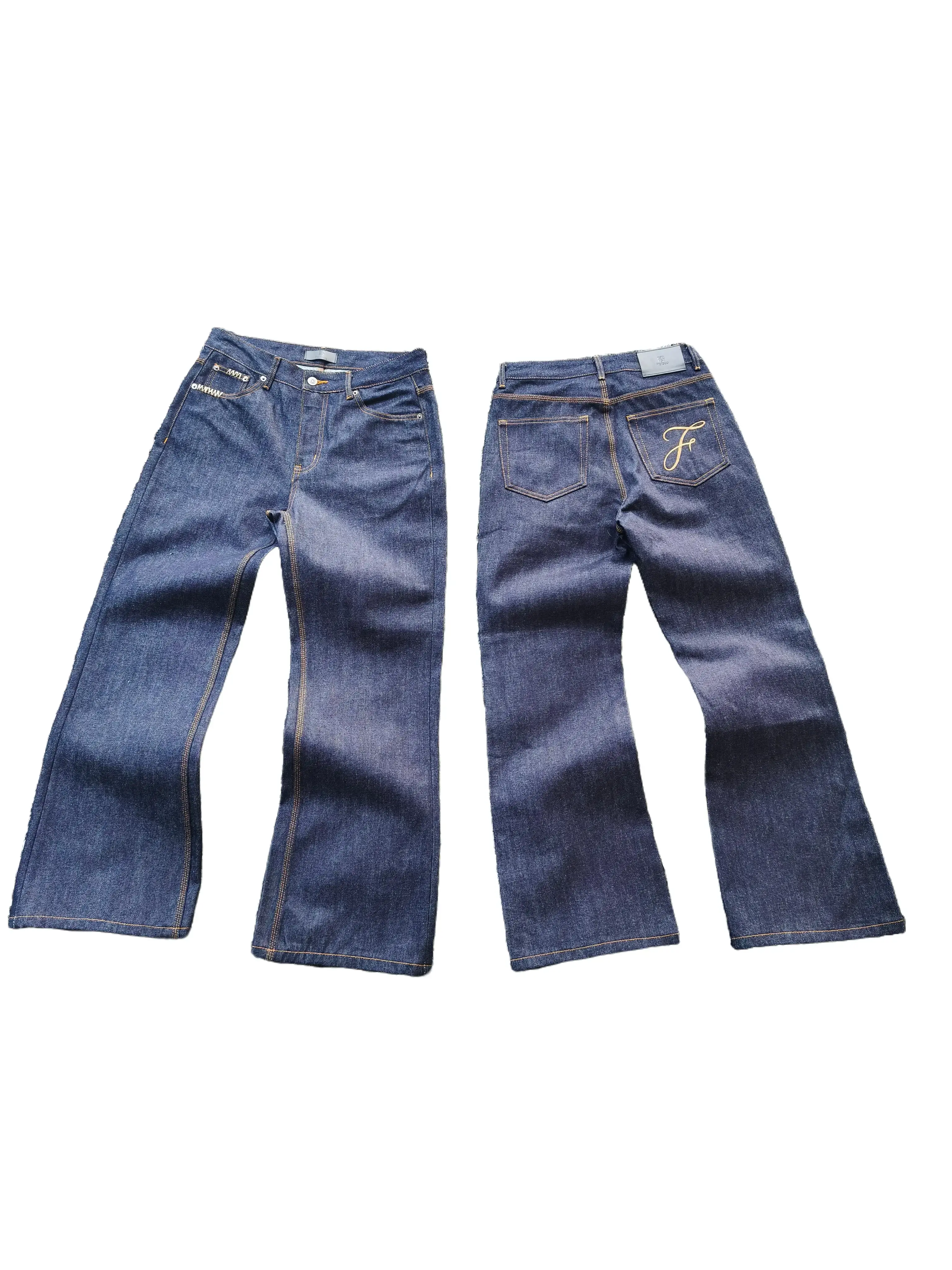 Frofooo Men's Bootcut Jeans, 16oz Blue Raw Denim Baggy Fit Vintage Clothing, Streetwear Pants with Raw Edge