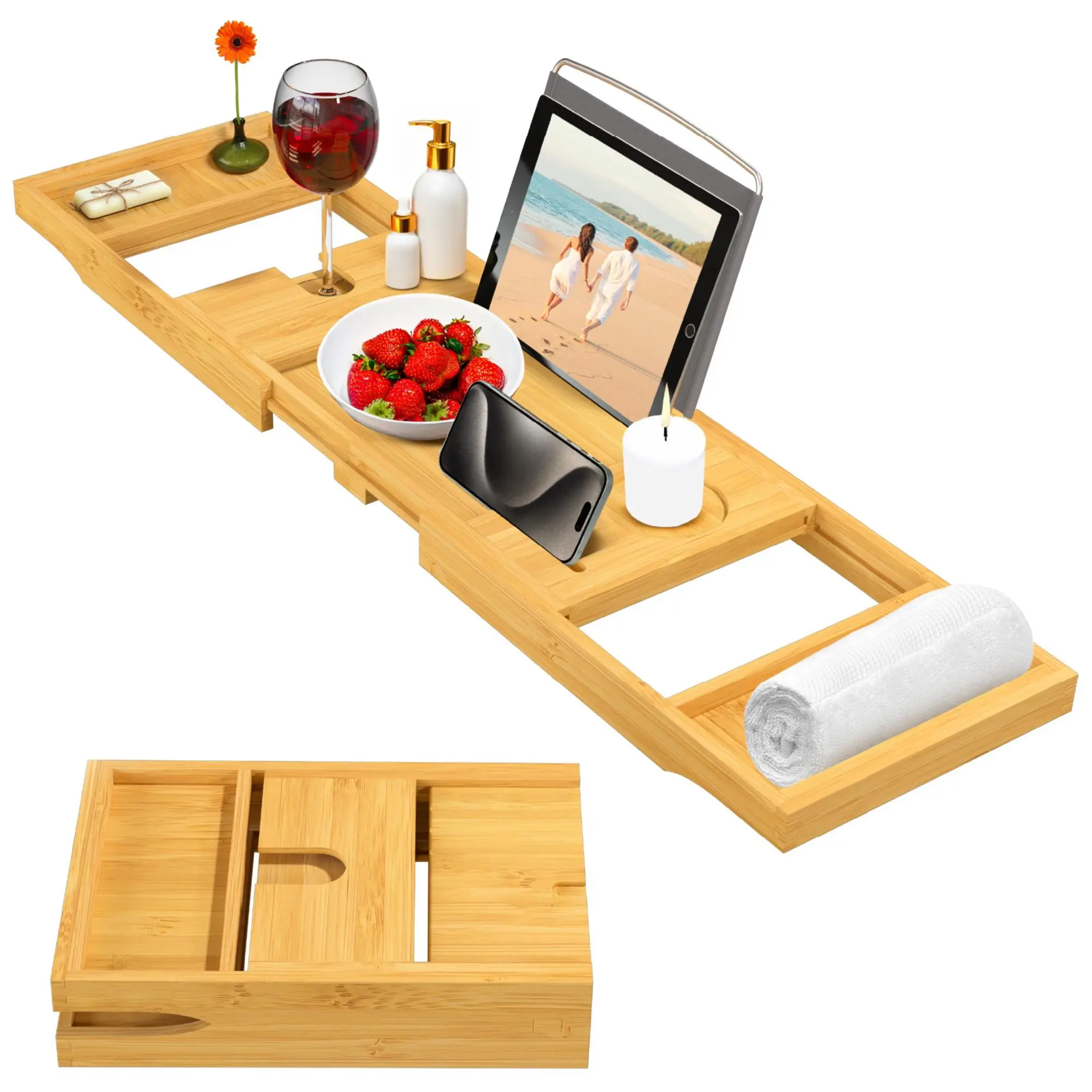 Bambüsi Natural Bamboo Bathtub Tray Caddy – Adjustable & Expandable Luxury Spa Bath Caddy for Wine, Tablets & Candles, Fits 29.5"–42.9" Tubs, Mother's Day & Valentine's Day Gift