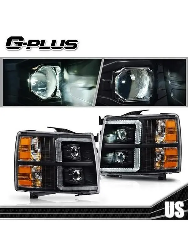 G-PLUS LED Projector Car Headlights with DRL Replacement, Chevy Truck Accessory for 07-13 Silverado 1500/2500/3500 (Black Housing, Projector Lens, Enhanced Vision, All Weather Conditions)