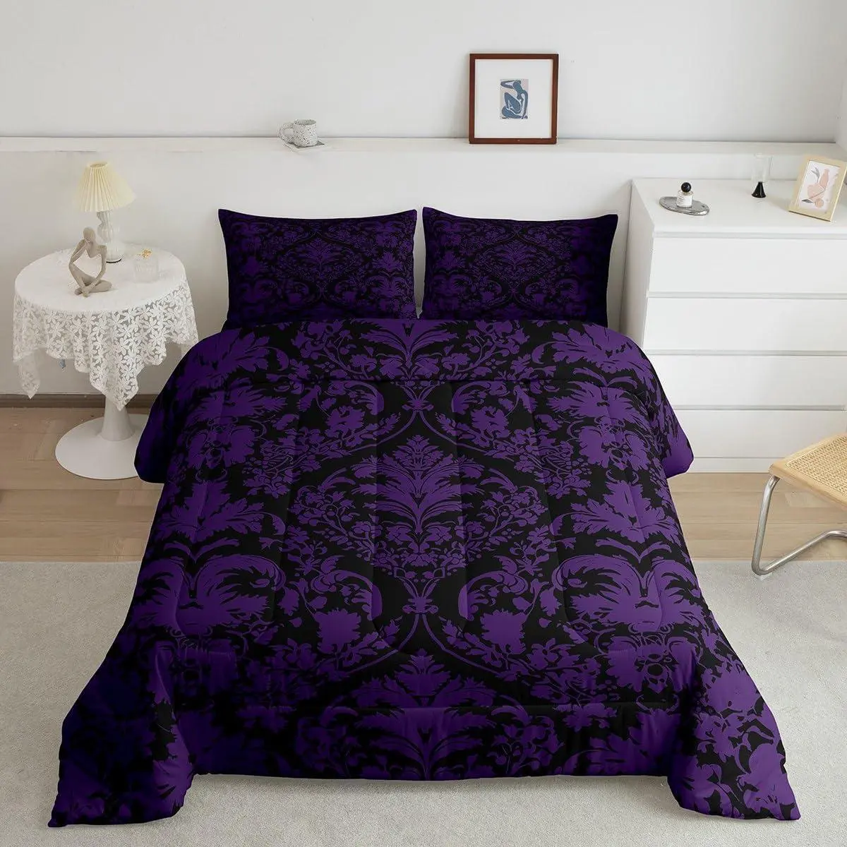 Adult Purple Black Damask Comforter Set Gothic Antique Victorian Baroque Bedding Set Boho Vintage Floral Flower Comforter