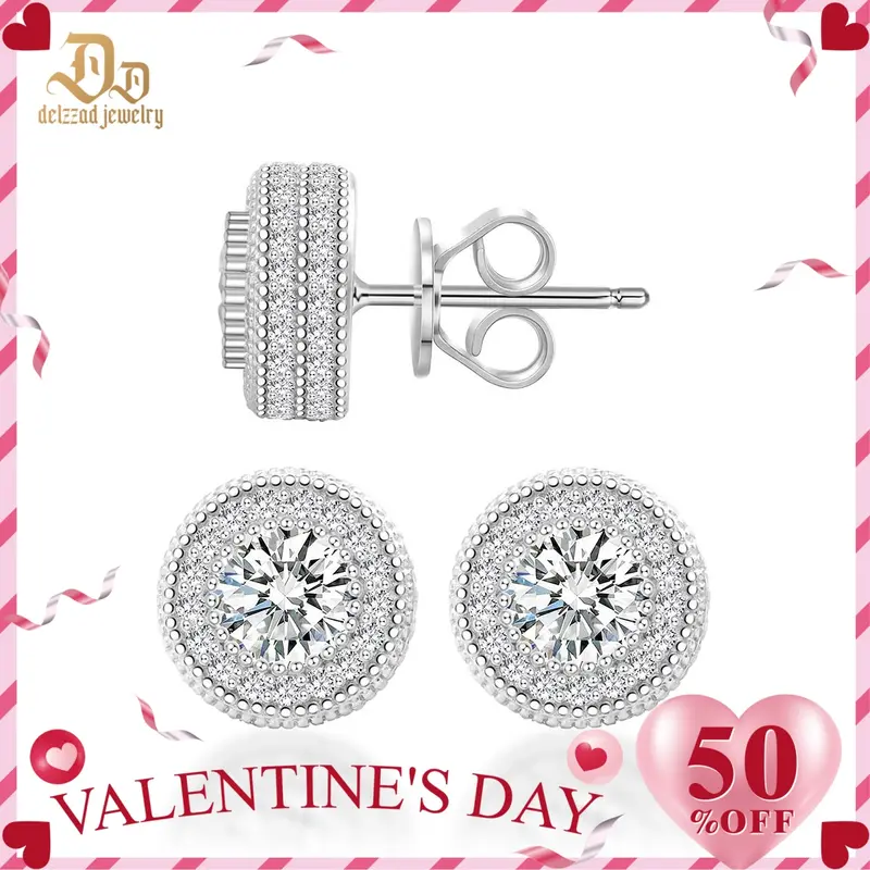 Delzzad 18k Gold-Plated Double Halo Ice Lab-Created Moissanite Stud Earrings Moissanite Jewelry Perfect Birthday Mother’s Day Christmas Gift for Men Women