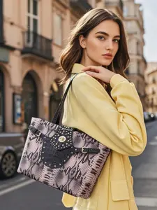 Women's Snake Skin Rivet Tote Bag, Luxury Patchwork Shoulder Bag, Large Capacity Handbag, Commuter Street Style, Versatile Crossbody Bag, Pu Tote Satchel