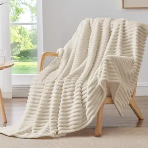 300GSM Ultra Soft Fleece Throw Blanket for Couch – Fluffy, Warm & Lightweight Striped Plush Blanket for Sofa, Bed & Travel, Decorative Cozy Gift for Men & Women (Beige 50x60)