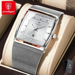 Poedagar Fashion High end Men's Square Watch Waterproof Luminous Stainless Steel Braided Strap Quartz Watch