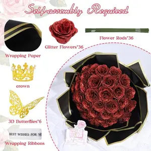 Valentine's Day Glitter Roses Bouquet Set, 12/24 Pcs with 3D Butterflies Crowns & Ribbons, Perfect Gift for Women, Birthdays, Weddings, Graduations