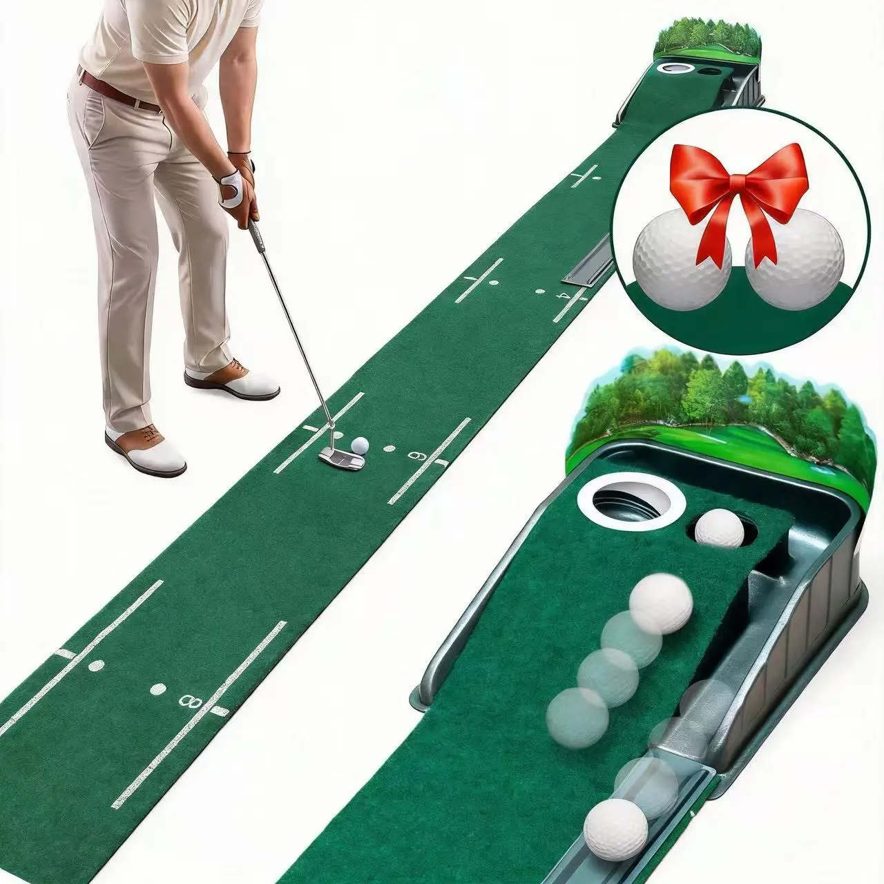 Putting Green Indoor - Golf Putting Mat with Realistic Green Speed, Dual-Hole Precision Golf Practice Putting Mat with Auto Ball Return, 8ft Golf Mat for Indoor & Outdoor Training,2 Free Golf Balls (Worth $9.90)， Ideal Golf Gifts