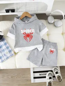 Boys Spider-Man Hooded Short Sleeve Top + Loose Comfortable Casual Pants Set, Summer Breathable for Kids 2-7 Years