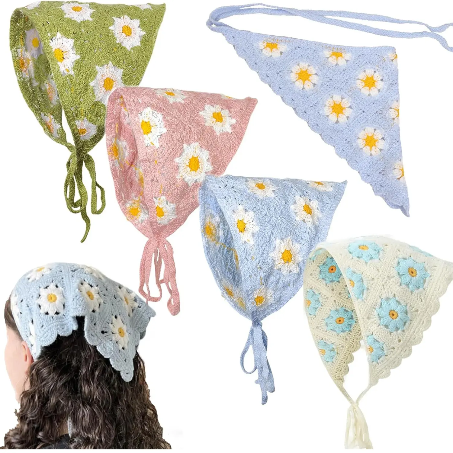 Women's Knitted Fabric Bandana Cut Headband - Breathable Soft, Daisy Print Floral Motif Tie-Back Hair Wrap for Casual Wear, 1 Size