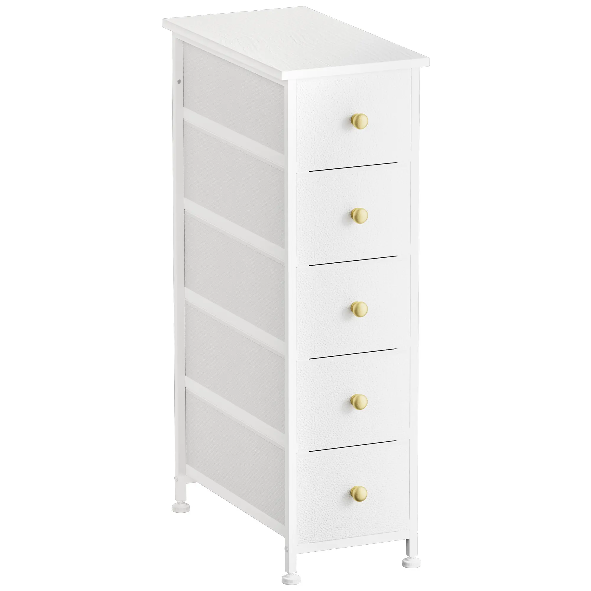 5-Drawer Fabric Dresser, Narrow Storage Tower with Wooden Top, Steel Frame and Gold-Tone Knobs for Bedroom and Small Spaces, White, 49 × 25.5 × 88.5 cm