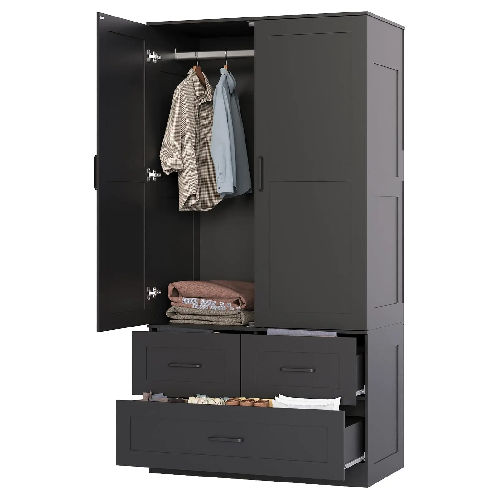Garvee Armoire Wardrobe Closet, Wooden Wardrobe Cabinet with 3 Drawers, 2 Doors Freestanding Closet Wardrobe Cabinet with Hanging Rod for Bedroom