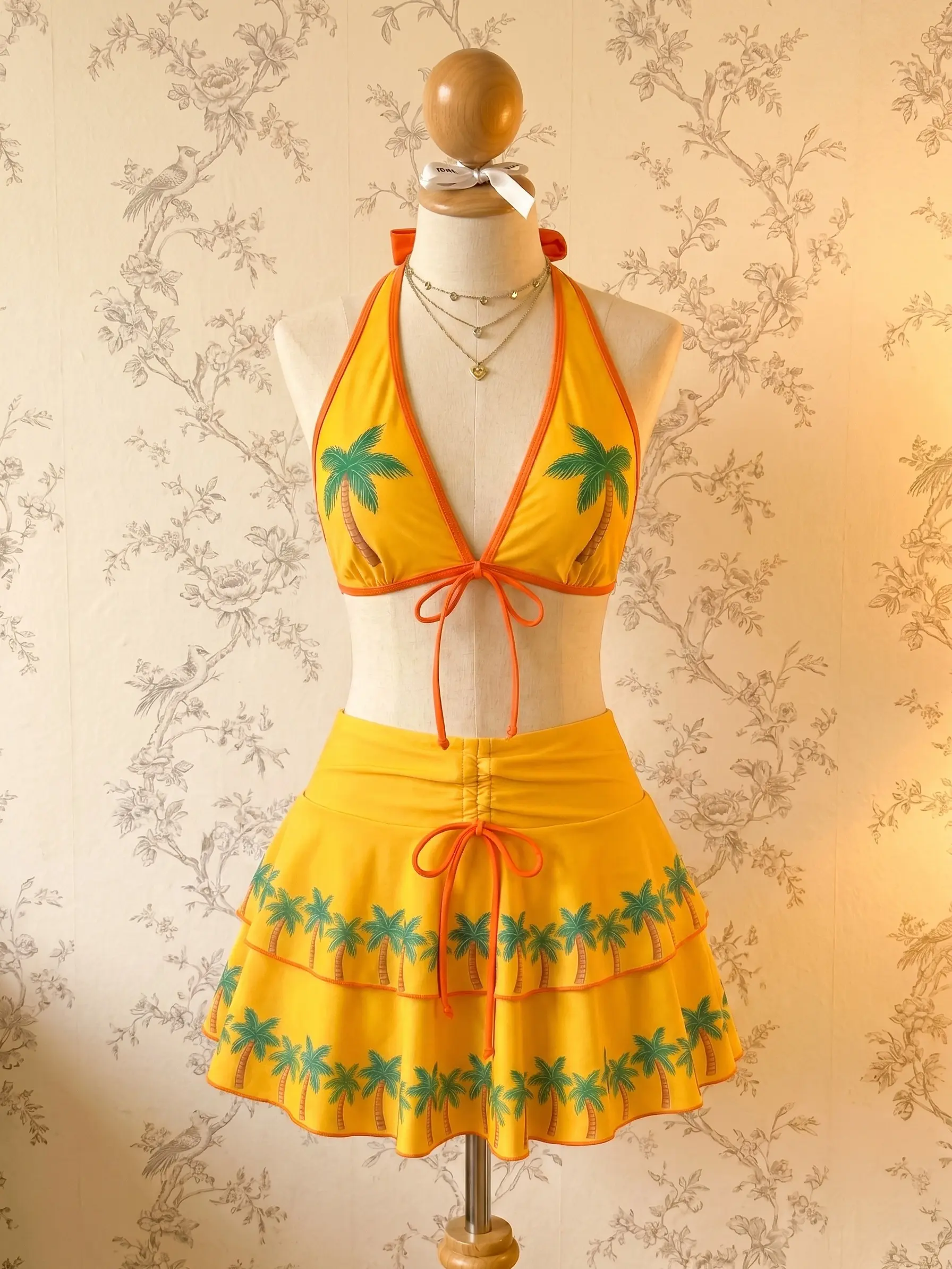 RETRO STAGE Women's 1960s Orange Coconut Trees Print Tie-Front Layered Bikini Swimsuit Set - Polyester Blend, Removable Pads, Beach Outfits, Swimsuits Bikinissummer outfits beach essentials vacation outfits BackToSchool