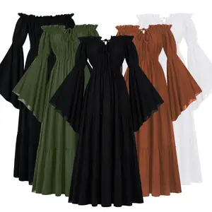 Women's Renaissance Irish Dress Off Shoulder Medieval Peasant Pirate Costume Wench Retro Gown Smocked Waist Maxi Long Traditional Basic Ivory Minimalist Summer Outfits Sundress Ruffled