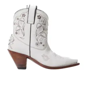 Besita Boots Womens Mystical Embroidered Snip Toe Pull On  Casual Boots Ankle Mid Heel 2-3" - White