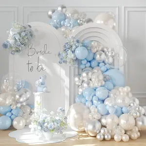 Pearl Blue and White Balloon Garland Arch Kit, 128pcs Light Blue Silver White Balloons with Pearl Stickers for Birthday Wedding Shower Bridal Shower Engagement Party Decorations