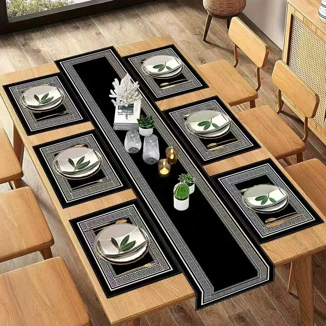 Classic Geometric Pattern Table Runner and Placemat Set, Modern, Durable, Versatile Use, Easy Care, Perfect for Holiday Gatherings, Home Kitchen, Dining Room, Living Room