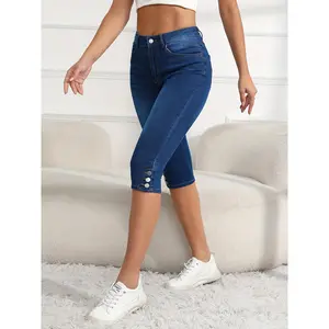 Solid-color slim-fit denim shorts, high-elastic side single-row button Capri short jeans, women's jeans and clothing