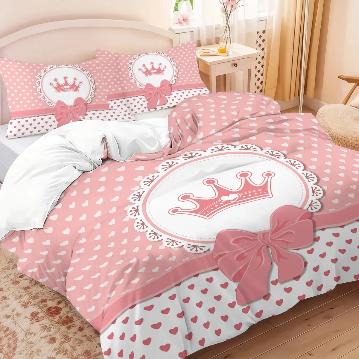 Cartoon bow with crown, lace, polka dot pattern duvet set of 3 pieces, including 1 duvet cover and 2 pillowcases without filling, soft bedding set, suitable for bedroom decoration, Decorative Bedding Set, Bed Sets Supplies