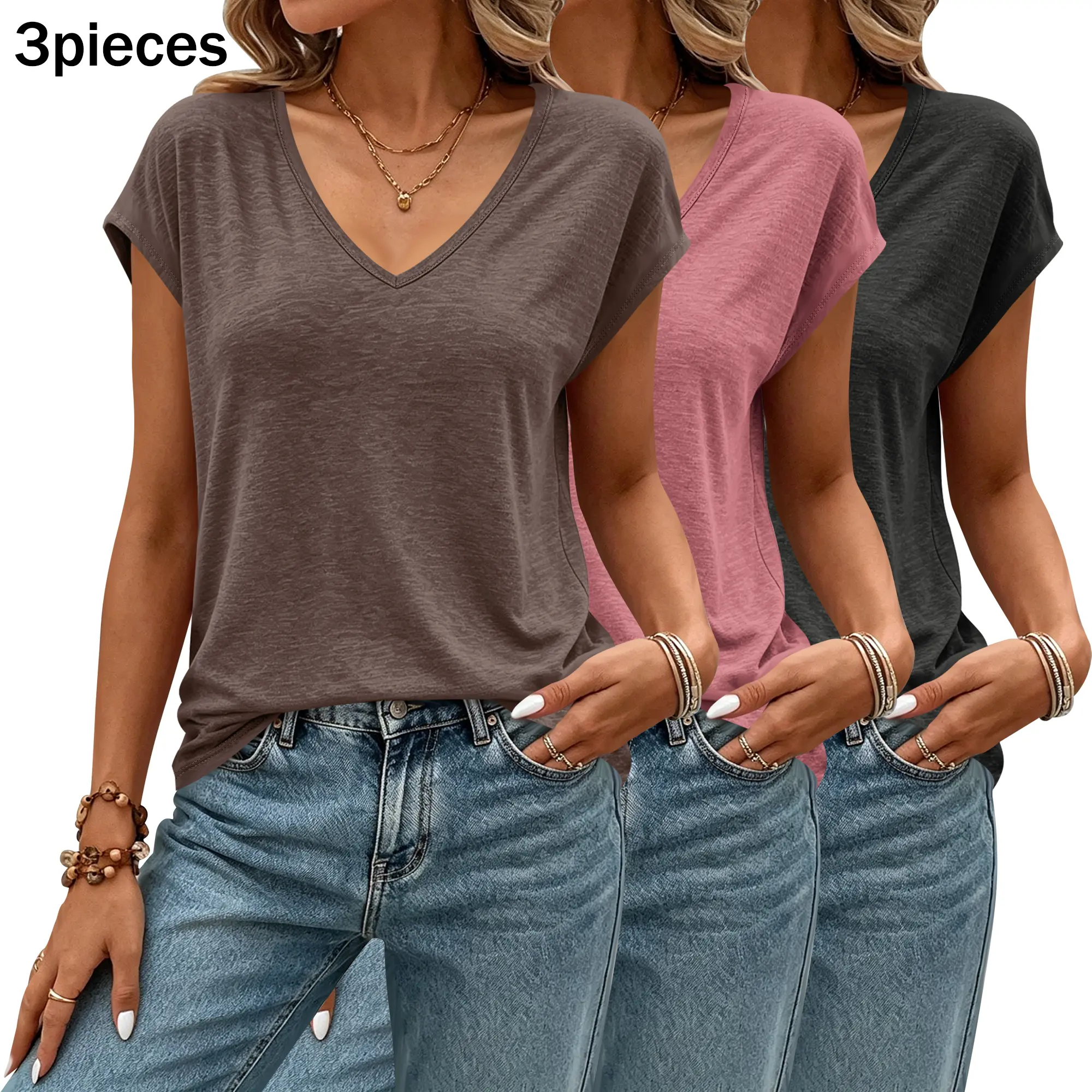 Women's 3-Pack V-Neck Cap-Sleeve T-Shirts - Soft Solid-Color Loose-Fit Minimalist Chic Basic Tops for Everyday Wear, Capsule Wardrobe, Basic Outfit Ideas, Daily OOTD