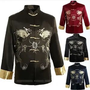 THY COLLECTIBLES Men's Classic Traditional Chinese Embroidered Silk Satin Kung-Fu Tang Coat - Double-Dragon Motif, Embroidered Detailing, Martial Arts Uniform, Menswear Special Occasion Wear