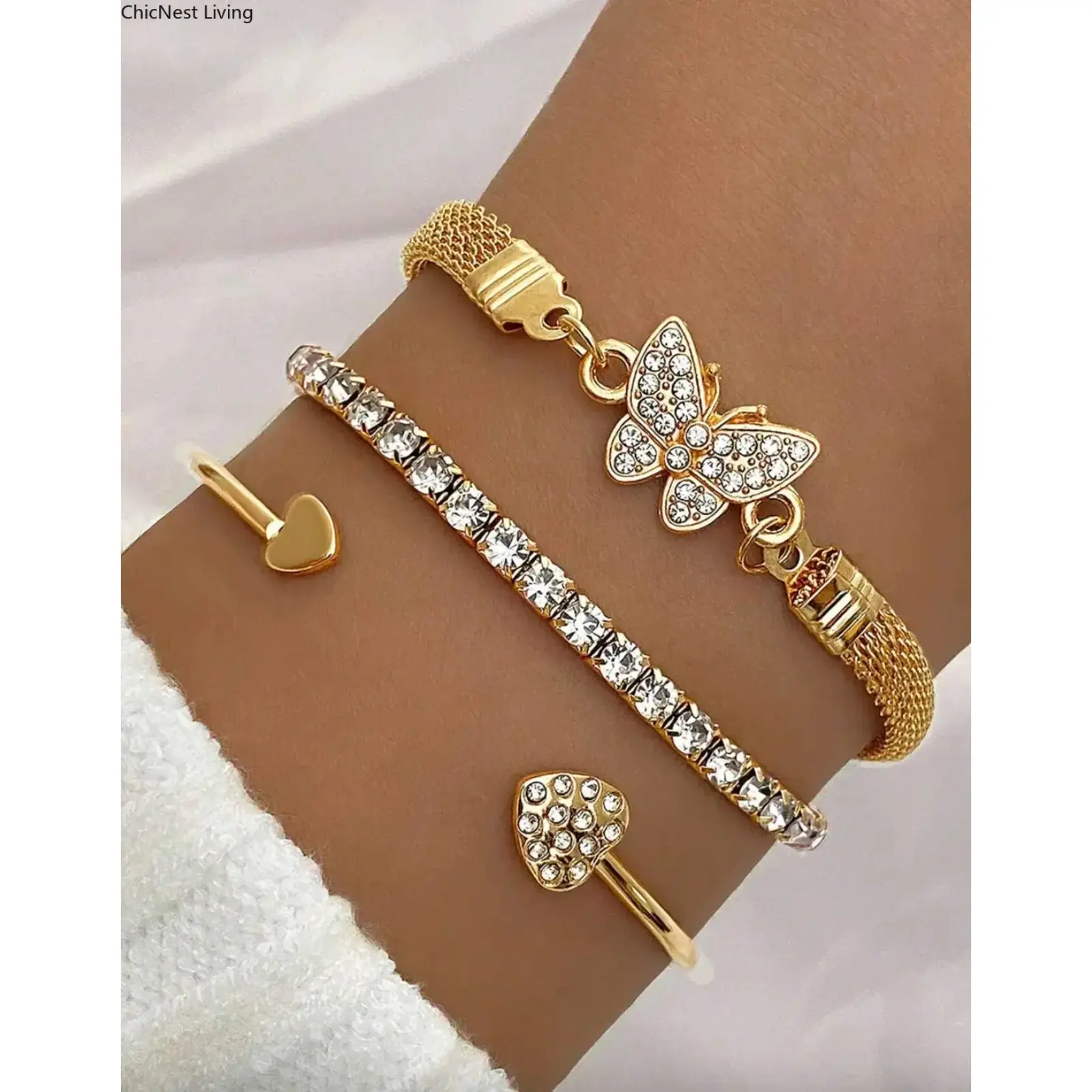 Women's 3-Piece Luxury Minimalist Personalized Rhinestone Butterfly & Heart Multilayered Bangles Stack, High-End Matching Bracelets for Valentine’s Gifting