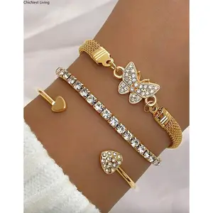 3pcs/Set Luxury Fashion Minimalist Personalized Rhinestone Butterfly & Heart Layered Bangle Bracelet, High-End Accessory Set For Women Valentines