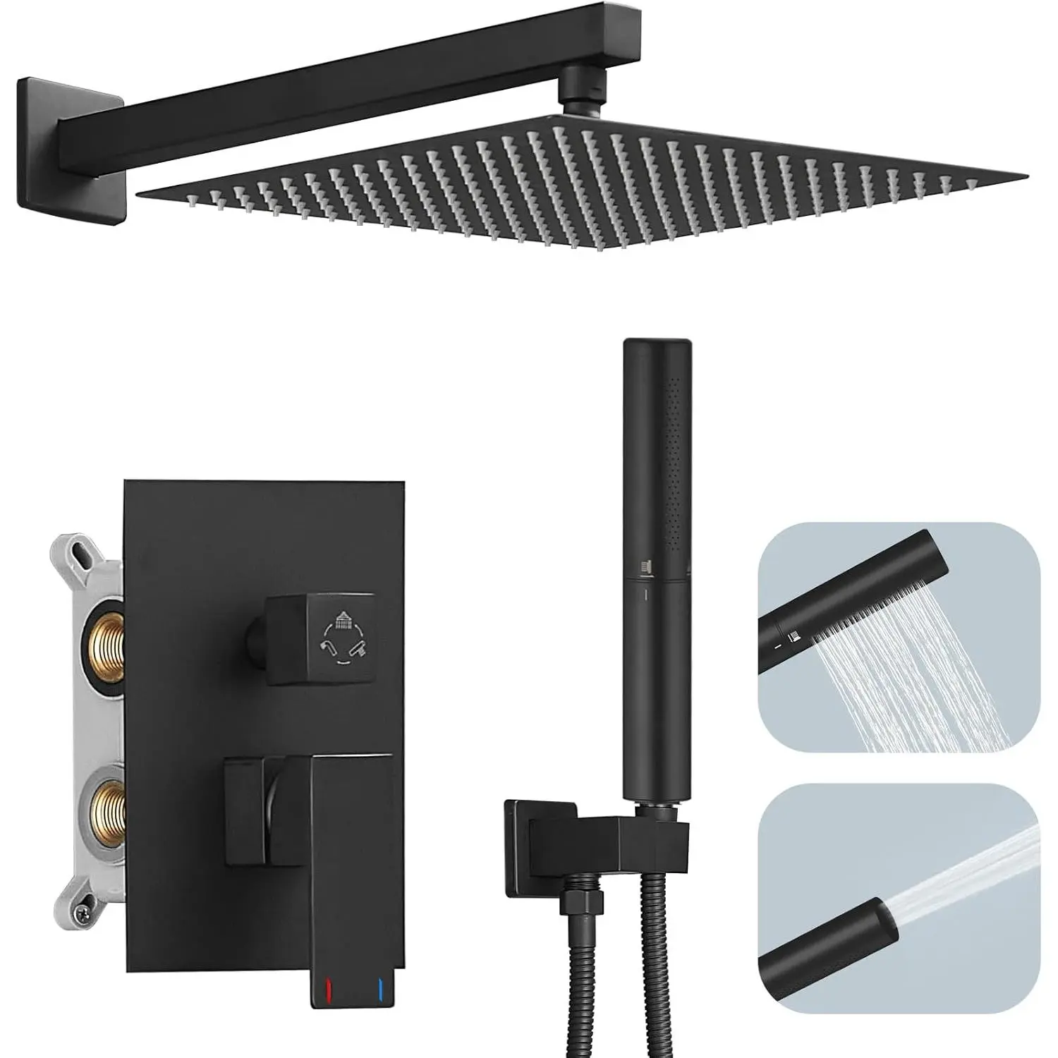 12 Inch Shower  System Set Bathroom Rain Mixer Shower  2 In 1 Handheld Sprayer Wall Mounted, Square Rainfall Shower Faucet Fixture Combo Valve Kits Brass Showerhead, Matte Black