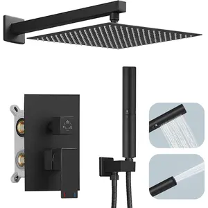 12 Inch Shower  System Set Bathroom Rain Mixer Shower  2 In 1 Handheld Sprayer Wall Mounted, Square Rainfall Shower Faucet Fixture Combo Valve Kits Brass Showerhead, Matte Black