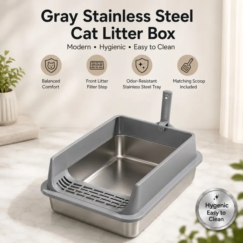 Stainless steel cat litter box, Kitten Litter Box, equipped with a plastic basin, a high-sided rectangular cat litter tray, suitable for small cats and dogs, splash-proof, easy to clean; 3 colors available. (Model: DM049)