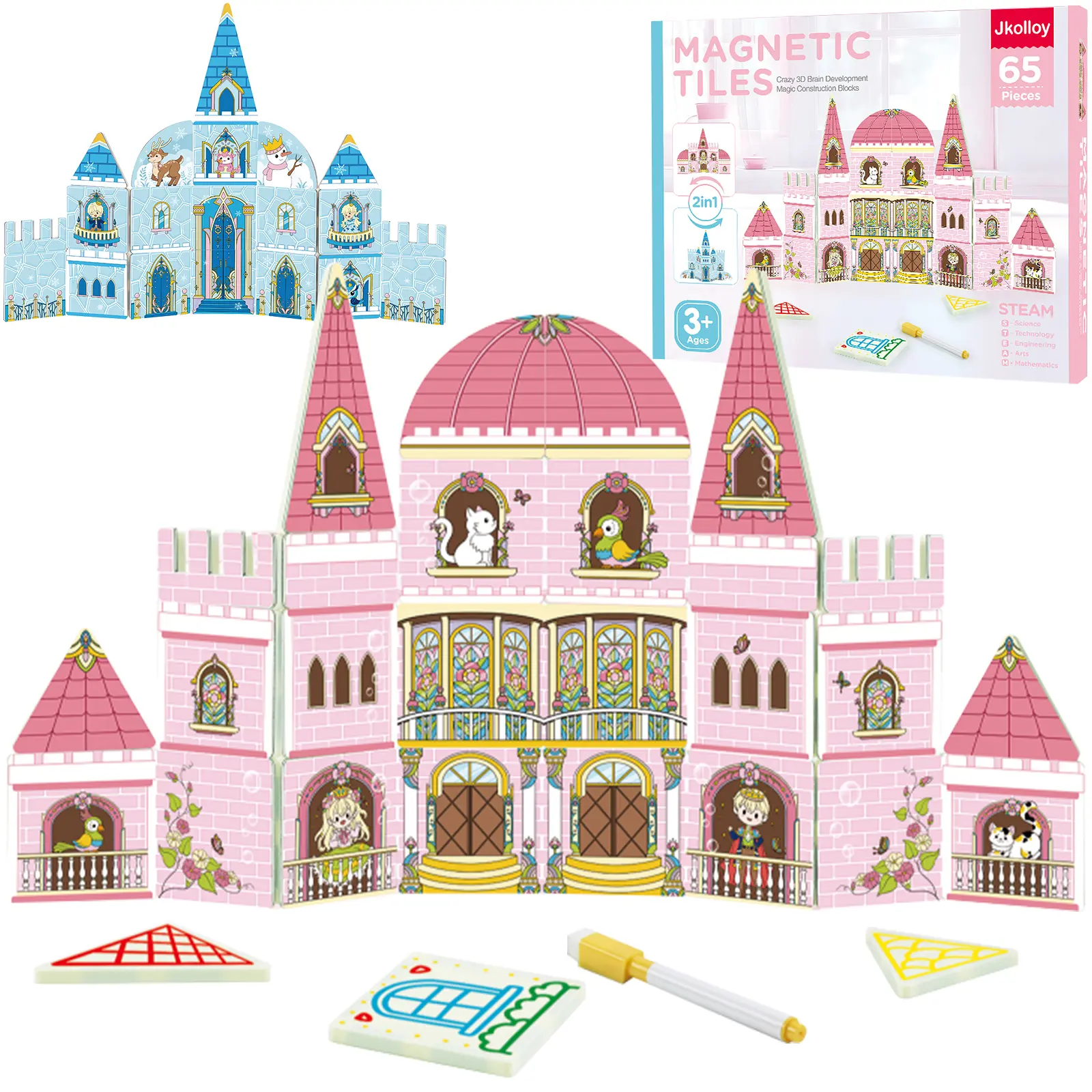 Magnetic Tiles for Kids, Princess Castle & Frozen Magnetic Building Tiles DIY Playset 65 Pcs, 3D Education STEM Magnet Toys for Boys and Girls Age 3+, Pink Blue Double Sided Printing