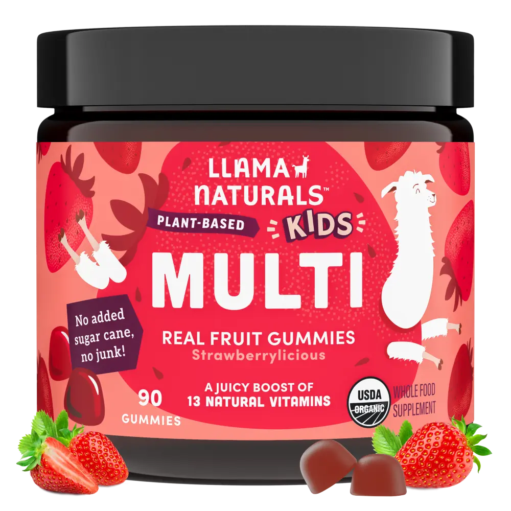 Llama Naturals Kids Multivitamin Gummies - Real Fruit Gummy Vitamins, No Added Sugar Cane - 13 Whole Food Vitamins - USDA Organic, Vegan Chewable Vitamins - Strawberry