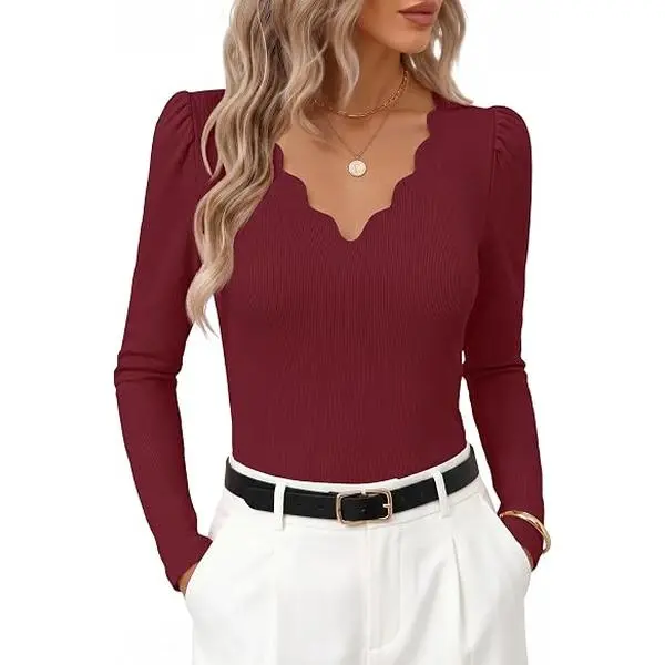 MEROKEETY Women's Fall Puff Long Sleeve Business Casual Work Tops | Scalloped V Neck, Work T-Shirt, Cute, Trendy, Dressy Casual, Ribbed Knit, Fitted Blouse, 2026 Fall Winter Clothes