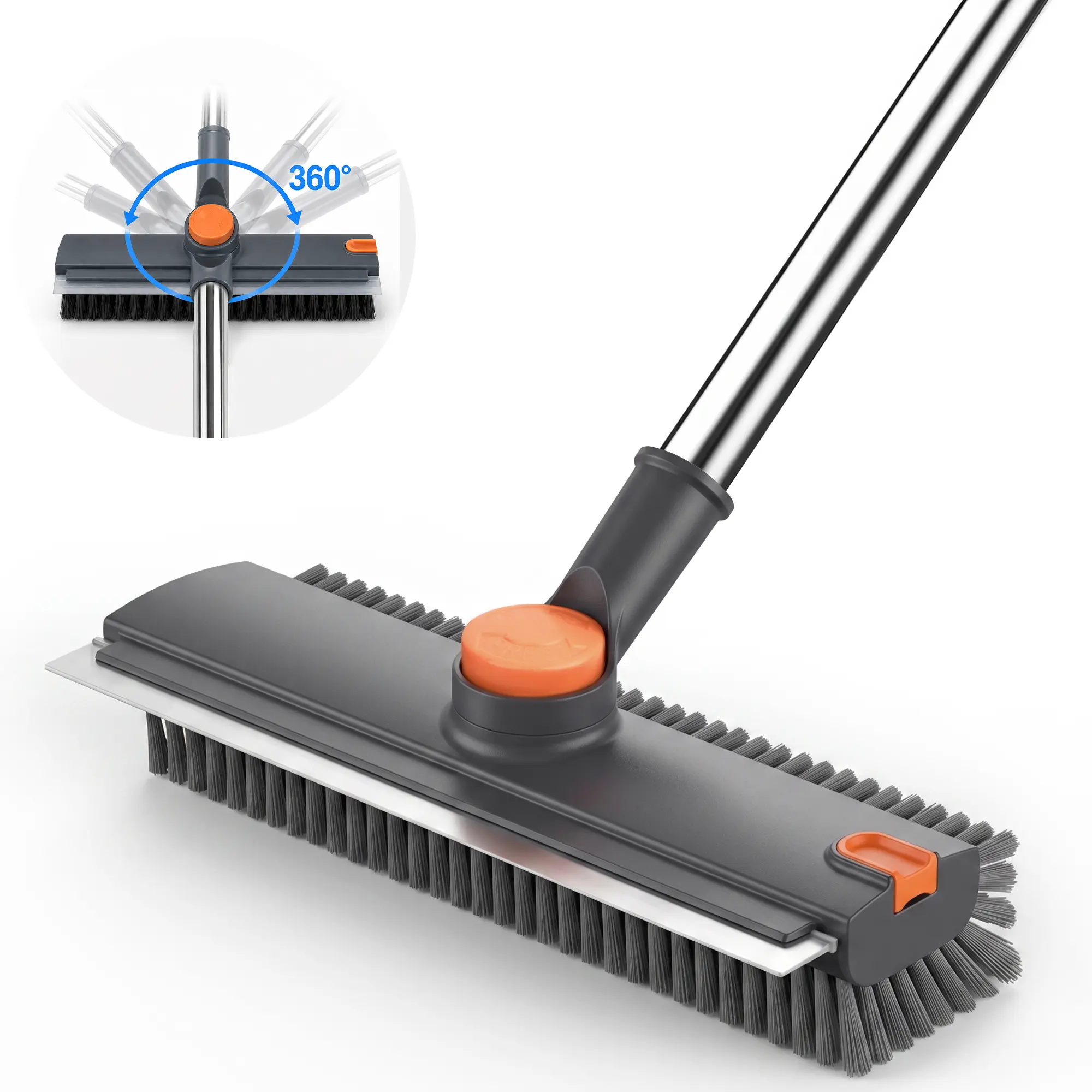 3-in-1 Floor Scrub Brush with Long Handle, Heavy Duty Stiff Bristle Scrubber & Scraper for Bathroom, Shower, Tile, Patio, Garage, Kitchen Cleaning