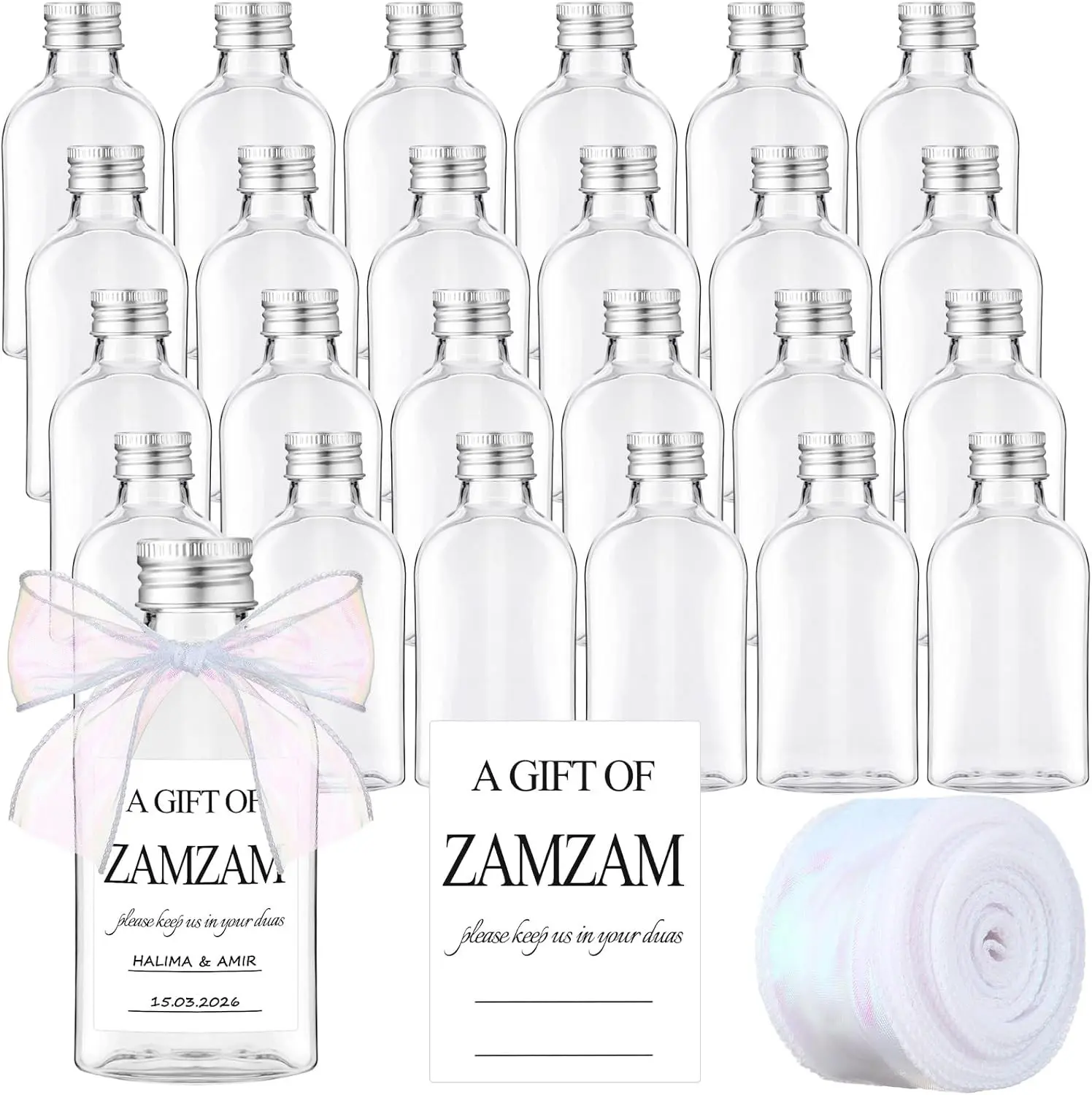25 Sets Zamzam Water Bottle Islamic Wedding Favor,120 ml,Modern | Glass Bottles with Custom Cards Ribbon for Nikkah Walima Guests, Muslim Marriage Ceremony Gift, Religious Celebration Favor