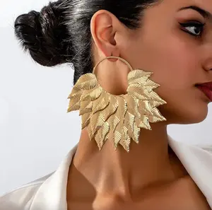 Golden Feather Cascade Hoop Earrings