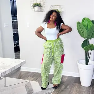 Adire Cargo Pants - Green Pattern with Pink Pockets for Women's Casual Wear, Crepe Material, Elastic Waist