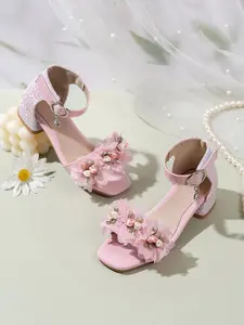 Girls Summer Sandals High Heel Design Princess Shoes, Korean Fashion Flower Pattern Chunky Sole, Flower Print Sandals, Casual PU Upper Material, Less Than Ankle Height, Kids Footwear, Fashionable Sandals, Trendy Sandals