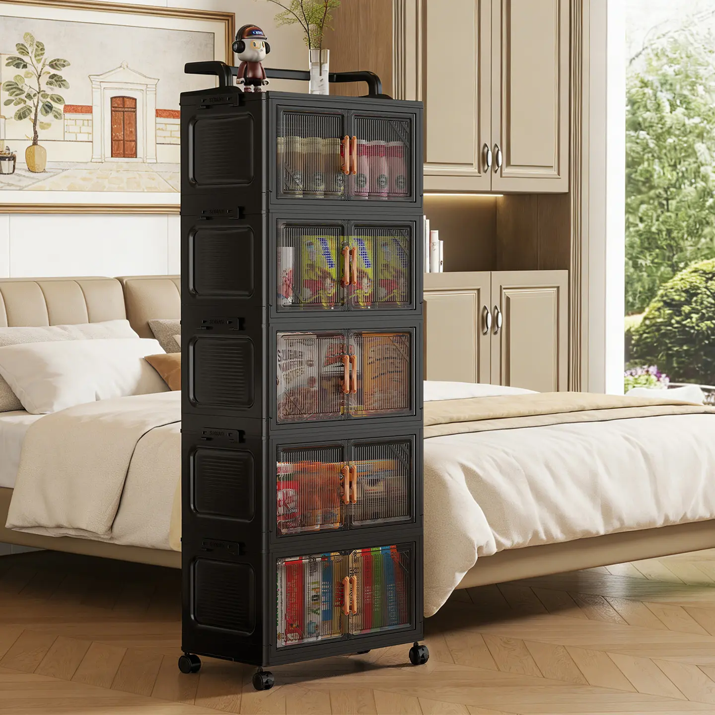 Foldable Collapsible Stackable Storage Cabinet with Practical Top Carry Handle, Clear Magnetic Doors & Rolling Wheels, Lockable Portable Modular Closet Organizer, Large Capacity Multipurpose Storage Container for Bedroom, Kitchen, Dorm, Living Room