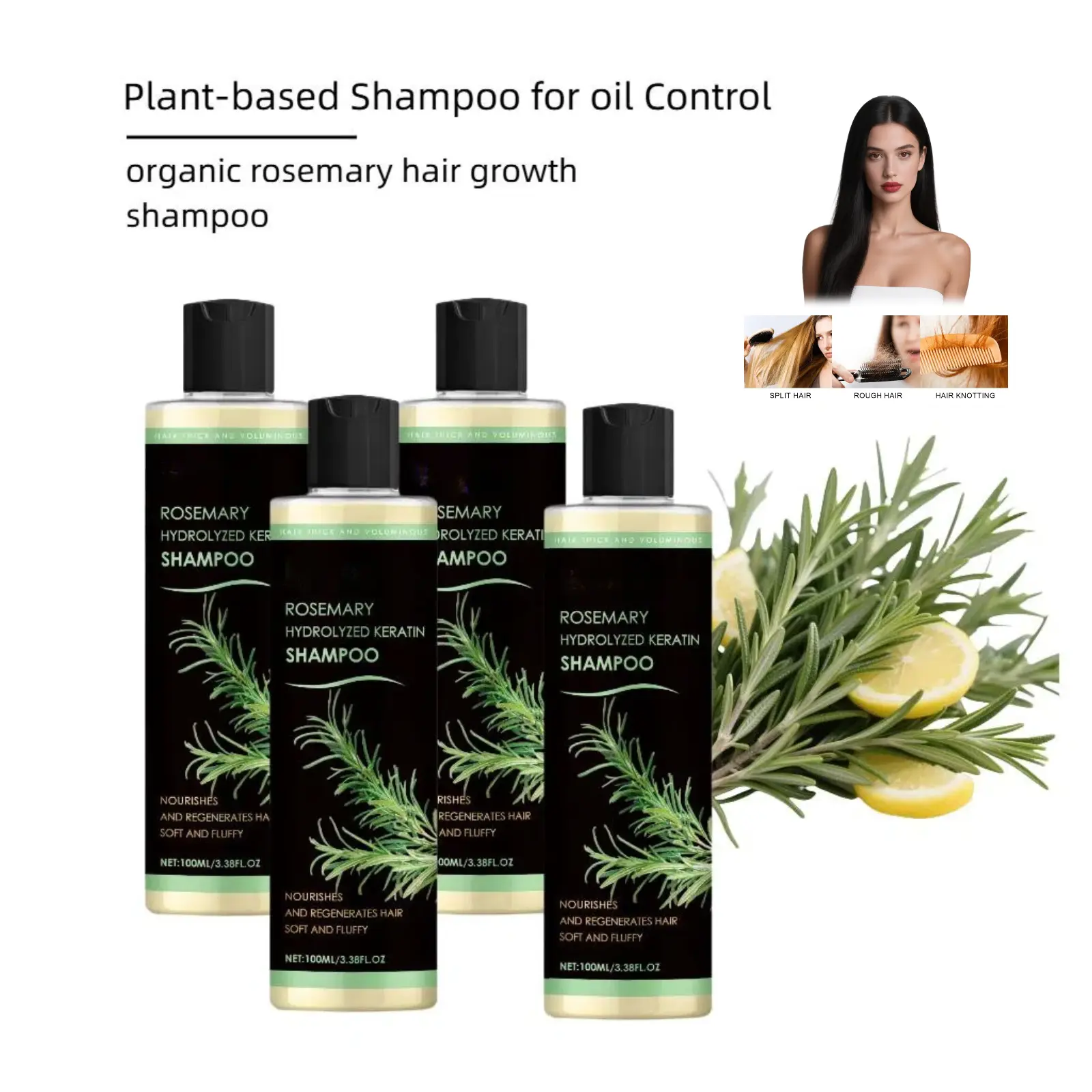 Organic Rosemary Hair Growth Shampoo for Thickening and Anti-Thinning - Plant-Based Moisturizer with Protein for Oil Control, Hydration, and Volume, 100ml, Haircare, Nourishing, Vitamin C, Cleanser
