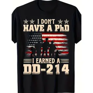 Men's Oversized "I Don't Have A PhD I Earned A DD-214" Veteran American Flag Graphic Tee, 100% Cotton Breathable Crew Neck Casual Streetwear Relaxed Short-Sleeve Tee
