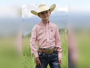 Boy's Medallion Print Button-Down Western Shirt - PINK