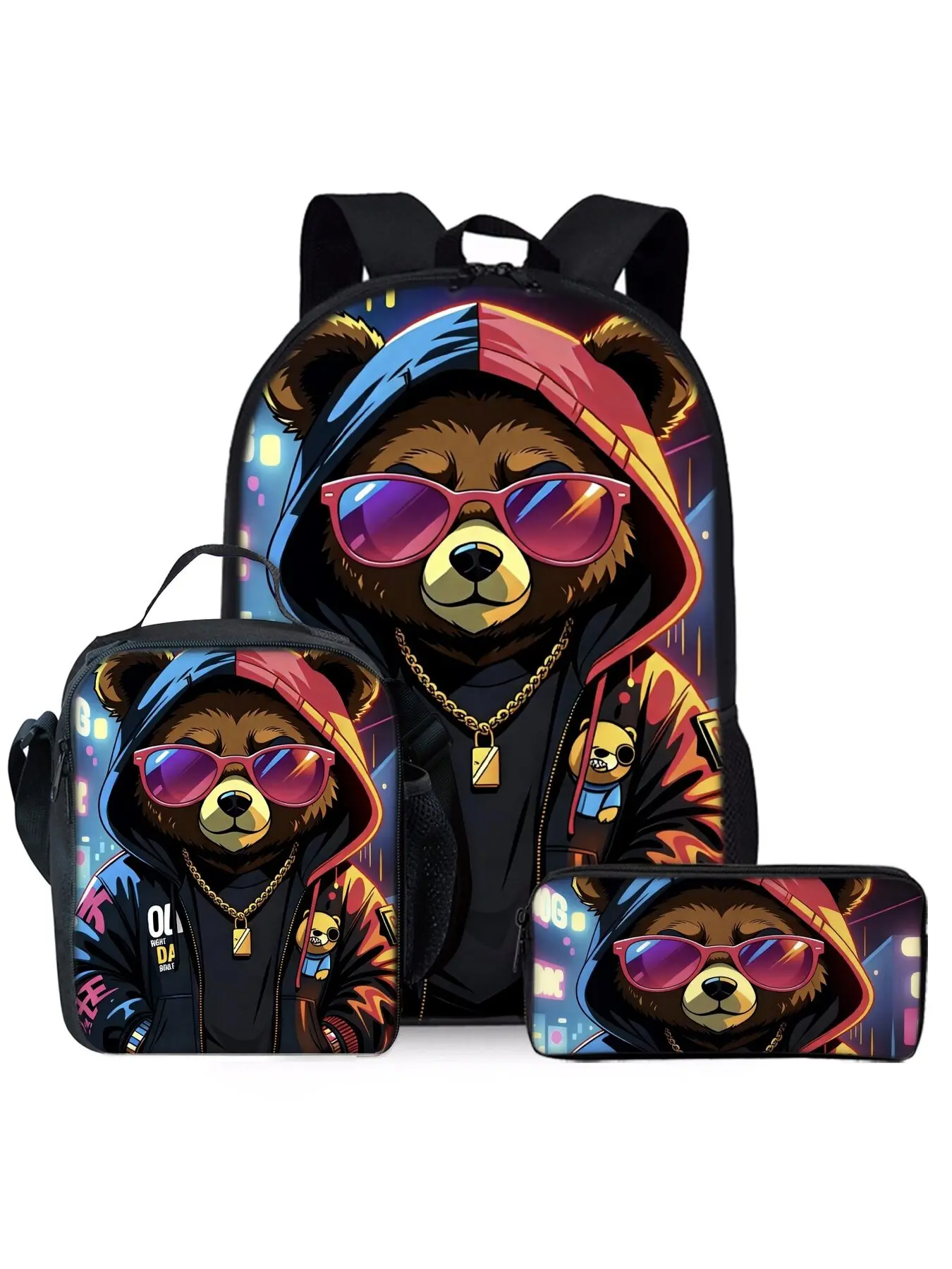 Cute Bear Casual Printed Backpack Set with Hat Includes Lunch Bag and Pen Case, Youth Backpack for School