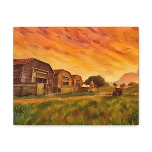Warm Countryside Landscape Canvas Wall Art, Rustic Farm Field Sunset Painting, Horizontal Nature Decor, Unframed Canvas Poster or Framed Canvas Wrap