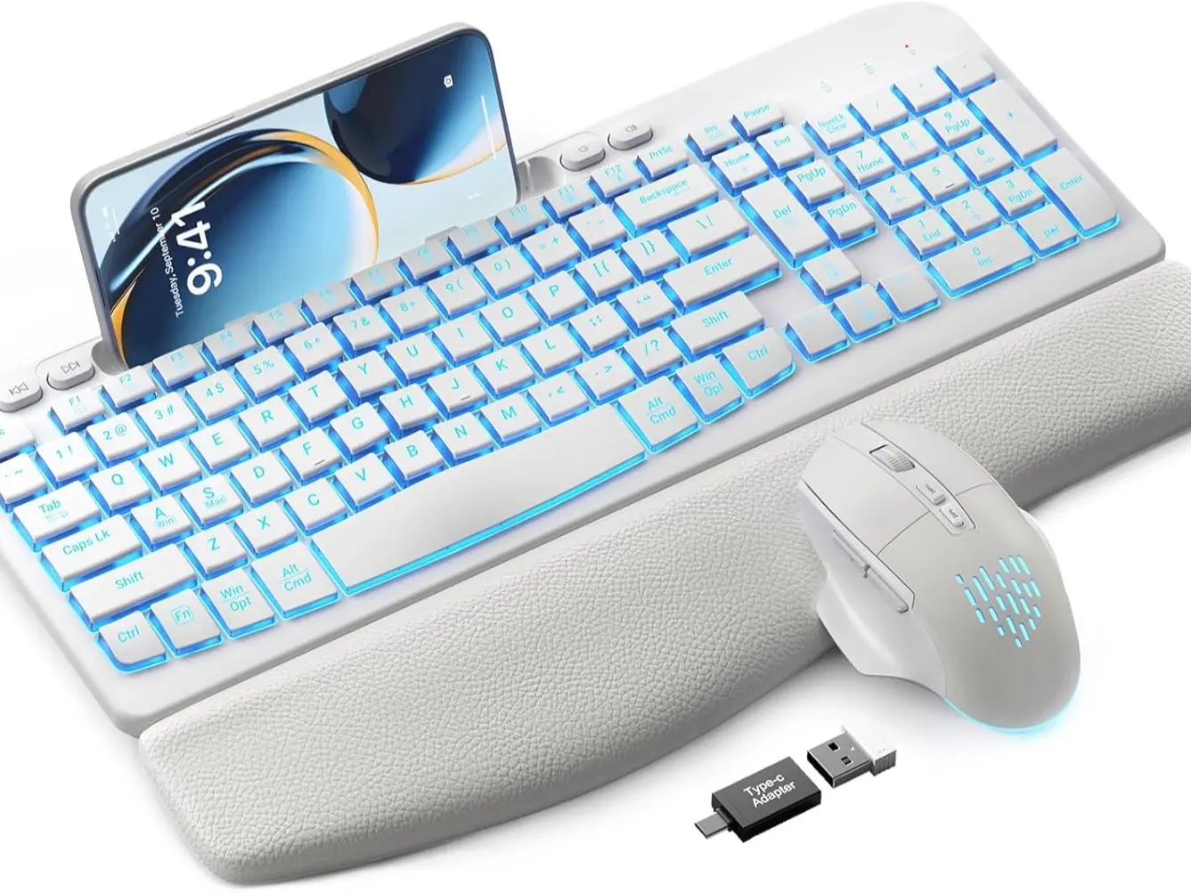 SABLUTE MA22 Pro Ergonomic Wave Keyboard & RGB Mouse Combo! （non Bluetooth) Leather Wrist Rest, Phone Holder—Game-Changing Setup!