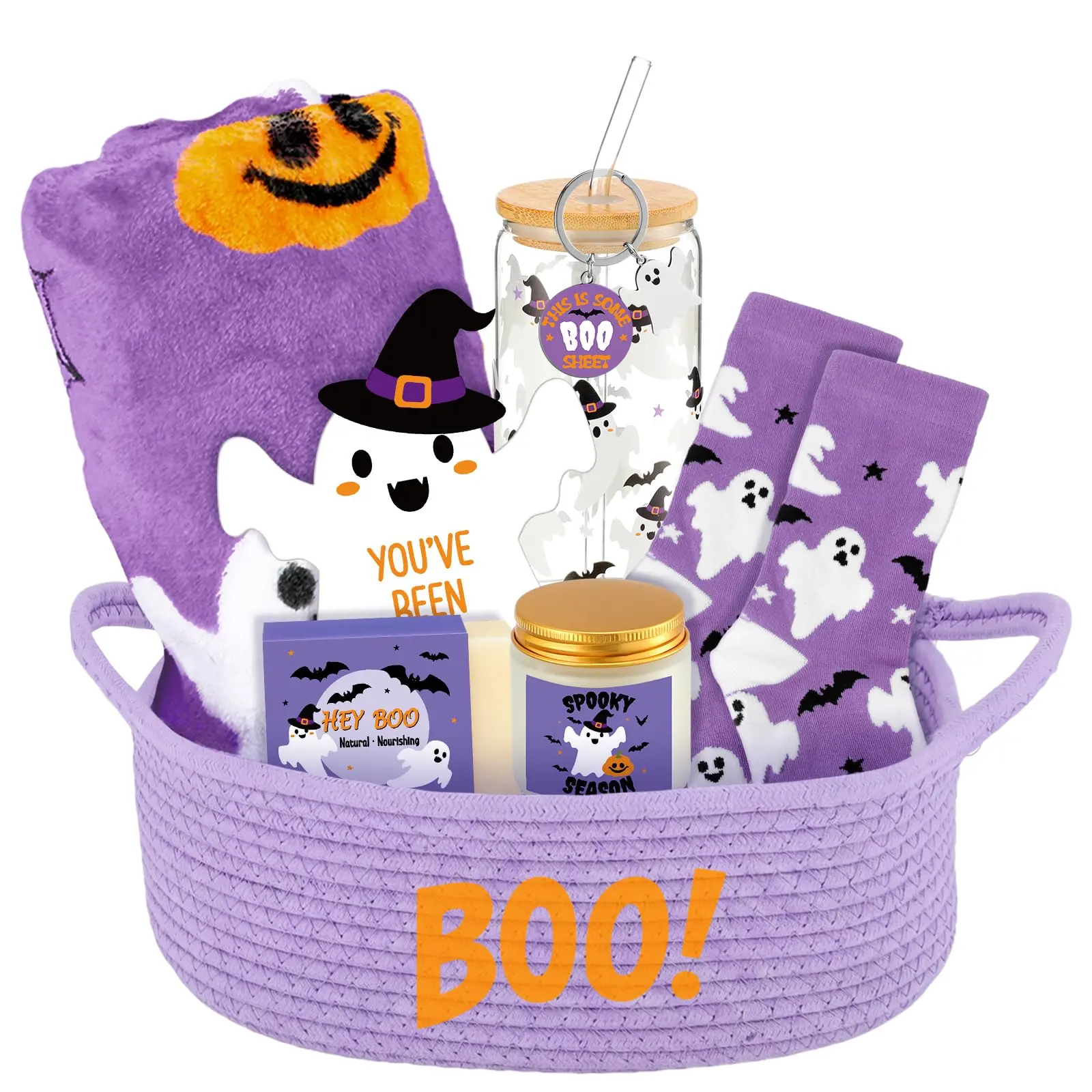 7/8Pcs Boo Basket Gifts Halloween Gifts for Women Cute Halloween Boo Basket Halloween Fall Gift Boo Basket Stuffers with Ghost Flannel Blanket Glass Tumbler Candle Keychain Novelty Socks,Halloween Spooky Gift Baskets for Adults Friends Teen Boyfriend
