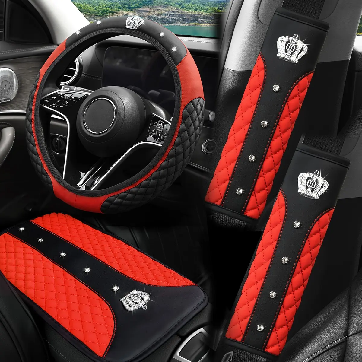 Luxury Car Steering Wheel Covers Set, PU Leather Carbon Fiber Material, Comfortable All-Season Auto Interior Accessories, Automotive Decorative Accessories, Aesthetic Car Accessory, Automotive Decoration