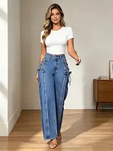 Women’s Y2K vintage high-waisted wide-leg jeans with side tie bow design, casual loose straight-leg denim pants suitable for vacations, work, and everyday wear, ideal for all seasons.