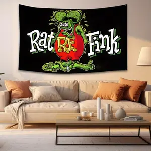 1pc Rat Fink Motorcycle Banner - Vintage Hot Rod Garage Decor with Rat Fink Character - Bold Red and Green Design - Heavy Duty Hanging Flag for Men Cave, Party, Car Event - Easy Hanging Grommet - No Electricity Required - Mid-Century Modern Decoration