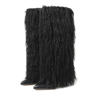 Womens Faux Fur Fluffy Knee High Boots Pointed Toe Chunky Block Heel Pull On Side Zipper Fashioanble Holiday Party Casual Comfortable Spring Winter Boot